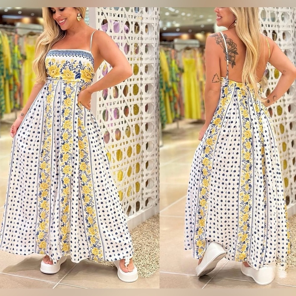 FARM Rio Yellow and Blue Floral Long Dress Size M